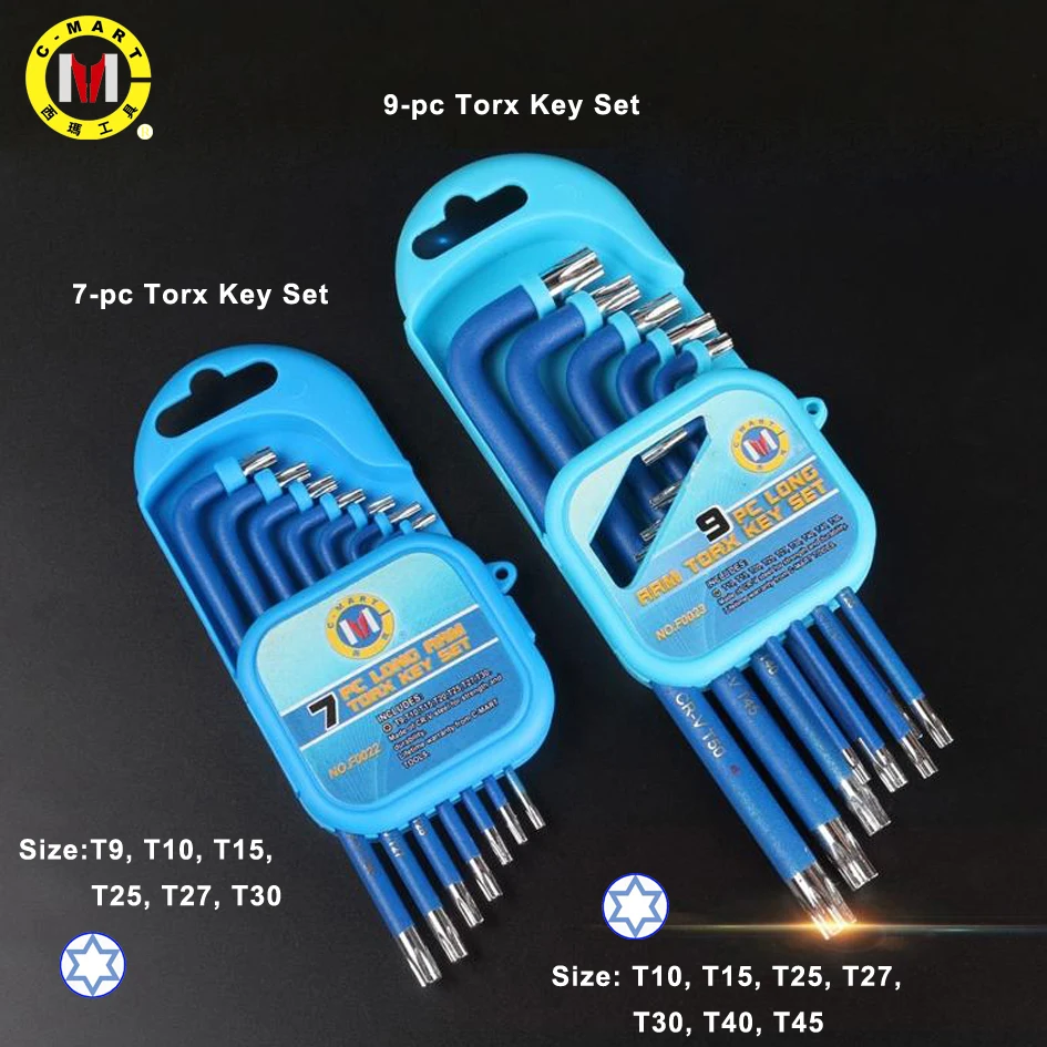 

C-MART 7pc/9pc CR-V Torx Hex Wrench Screwdriver Star Key L-wrench Set Tool Carpenter Auto Repair Hand Tools T9-T50 Middle Length