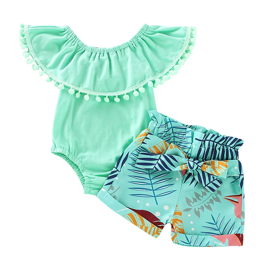 Одежда для новорожденных из 2 предметов; одежда для маленьких девочек; комбинезон с оборками; шорты с цветочным принтом; комплект летней одежды