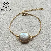 FUWO исключительно 24 К Gold Filled сплюснутый жемчужный браслет женский элегантный пресной воды Ювелирные изделия из жемчуга Рождественский подарок BR504