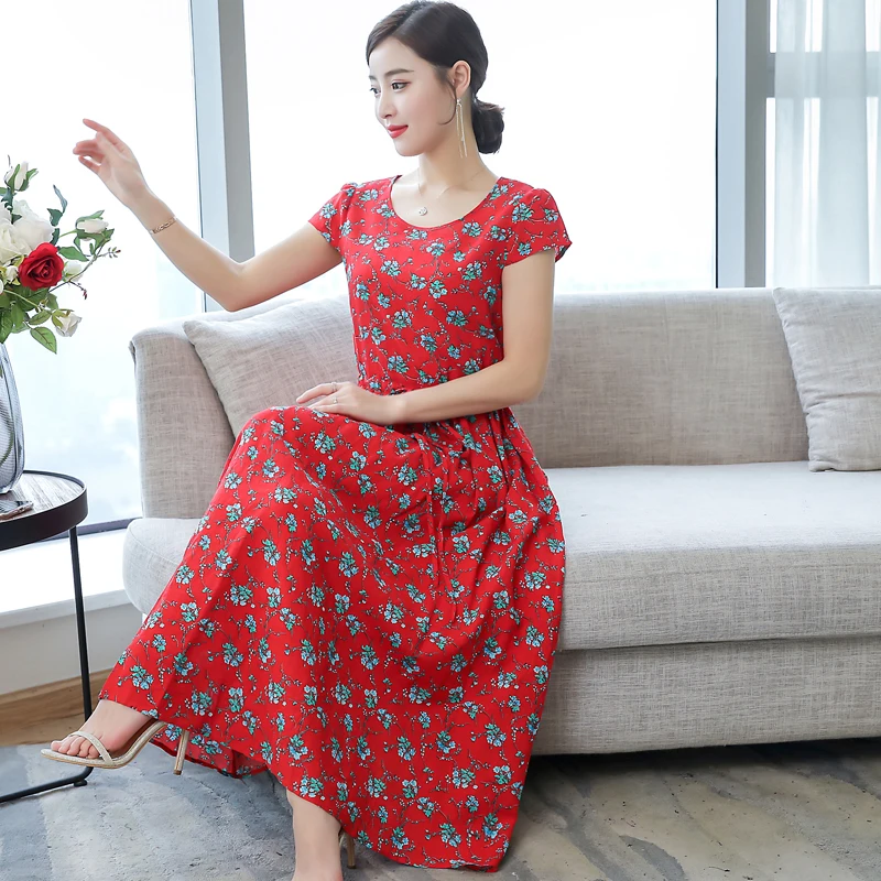 

Short Sleeve Cotton Linen Dress Women Plus Size 2019 Summer Print Floral Red Elegant Long Maxi Dresses Loose Robe Clothing