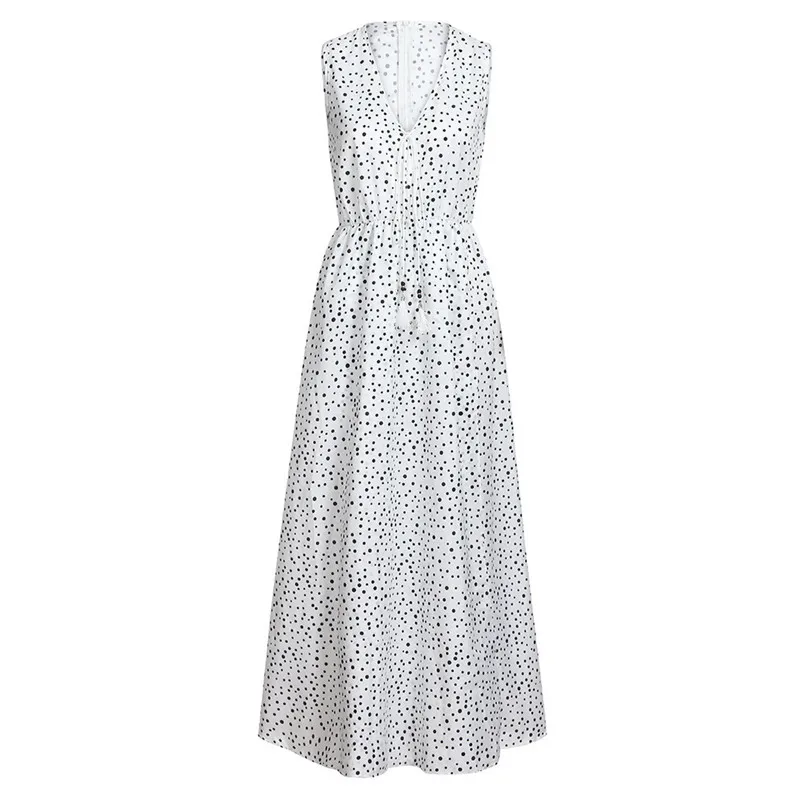 New Fashion Women Summer Sleeveless Dot Print Tassels Deep V Neck Long Maxi Dress Elegant Ladies Casual Party Vestidos #4R09   (3)