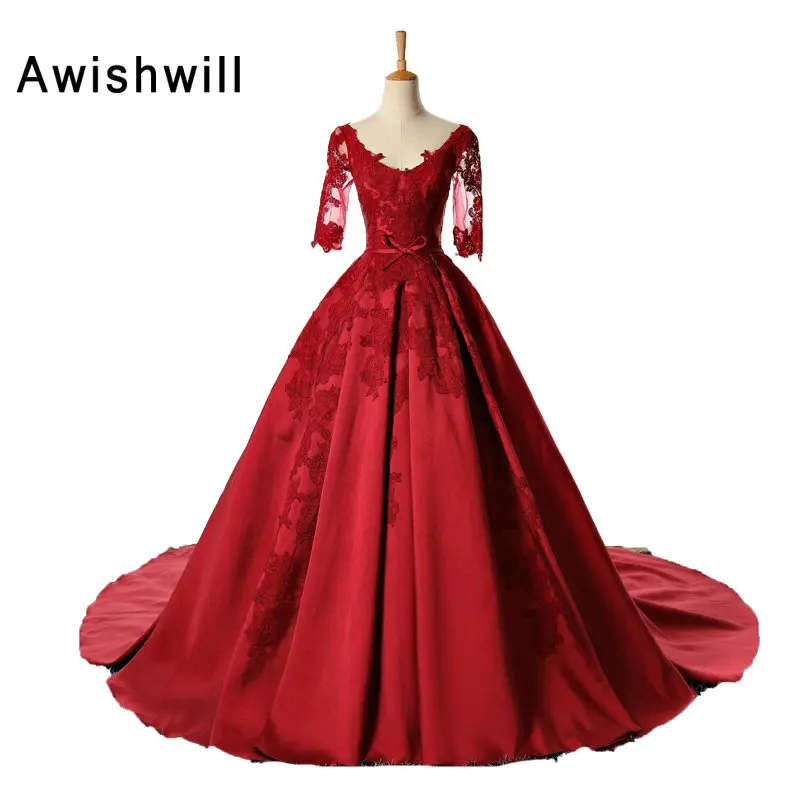 

New Arrival 2019 Red Formal Dresses for Women V-neck 1/2 Sleeves Appliques Satin Court Train Evening Dress Engagement Party Gown