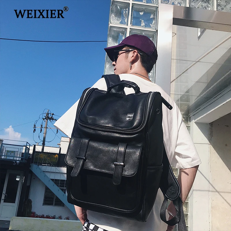 WEIXIER Men's PU Travel Large Capacity Backpack New High Quality Multifunction Backpack Men Solid Color Fashion Casual Backpack