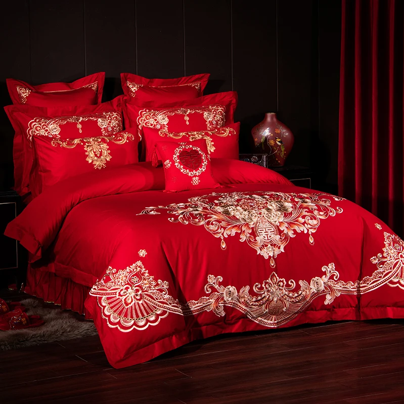 Роскошная Золотая Роза вышивка 100% хлопок красного цвета в китайском Стиль Свадебные 4/6/9 шт. Постельное белье пододеяльник простынь/льняной