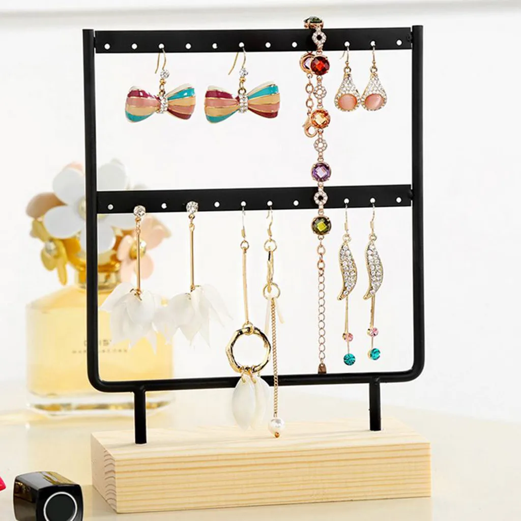

Wood Base Metal Jewelry Storage Holders Display Stand Dangle Earrings Hanging 24 Holes Racks Desk Jewelry Accessories Tools