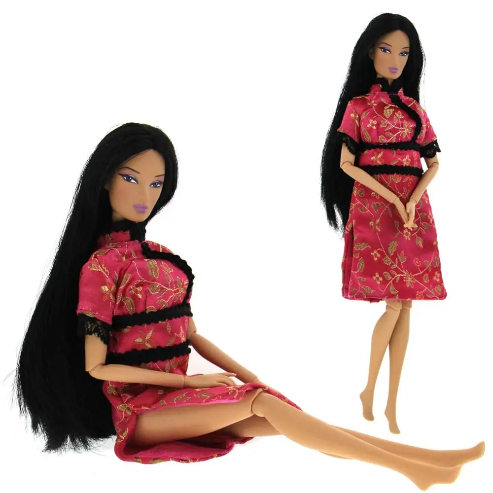 Barbie Handmade sewn dress Black floral print lace fashion doll clothes Z28 