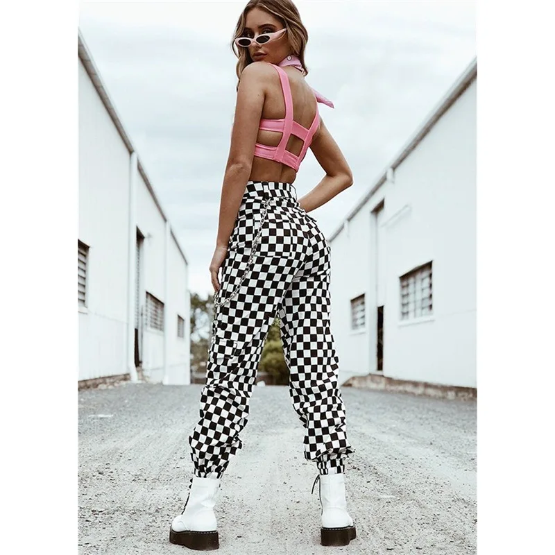 

2019 Women Sexy Checkerboard Plaid Chains Pants Pockets Sweat Pantalons Female Street Fashion Capris High Waist Mujer Pants