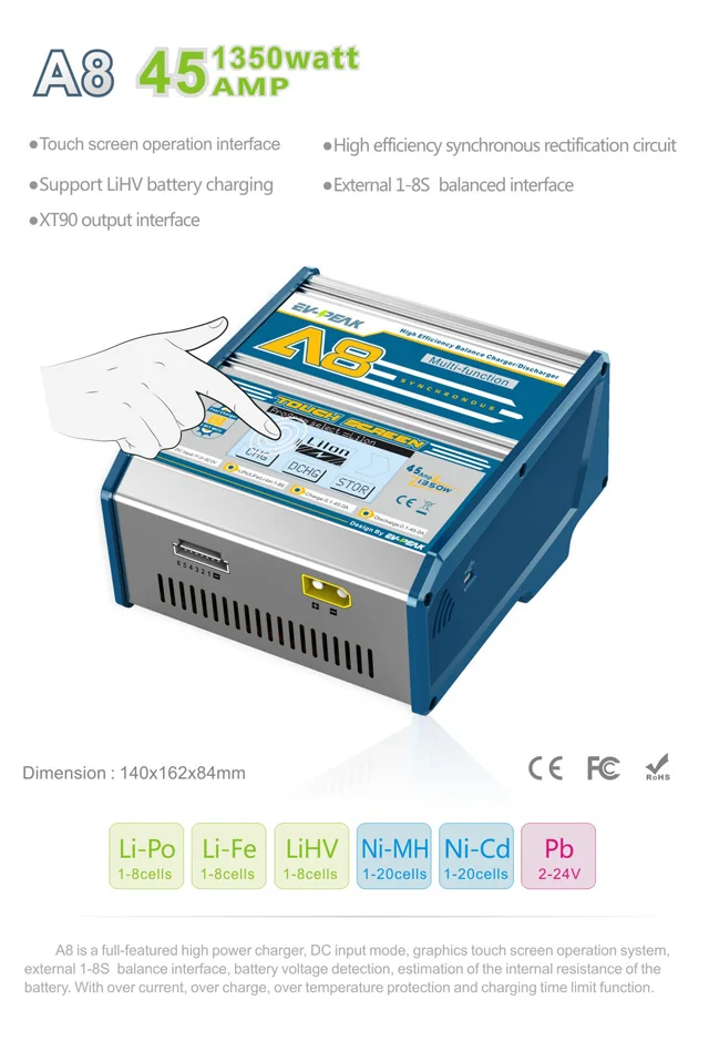 EV-PEAK A8 1350 ватт 45А Высокая емкость перезаряжаемый 1-8 ячеек батарейный блок DC баланс зарядное устройство с сенсорным экраном