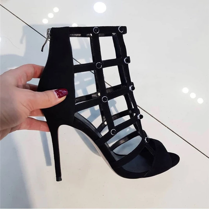 

2019 Women 11.5cm High Heels Hollow Sandals Lady Fetish Plus Size 42 Rivets Shoes Stripper Stiletto Thin Stripper Heels YFD-168