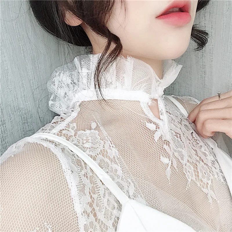 Gowyimmes SPring Sweety Girl Floral Lace Shirt Sexy Women Hollow Out Mesh Blouse Lady Long Sleeve Blusas Basic Tops Pullover 228 3