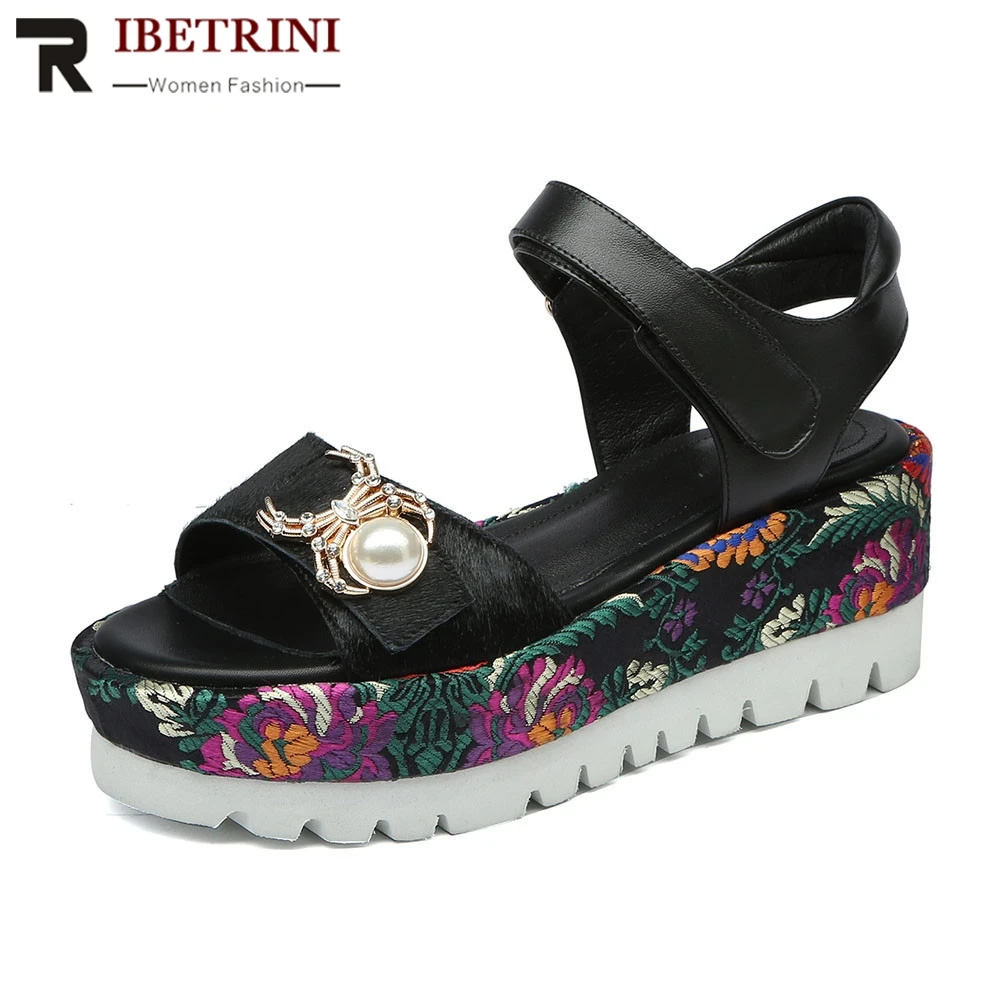 

RIBETRINI New Big Size 33-43 Horsehair Genuine Leather Ladies Wedges High Heels Platform Print Shoes Woman Casual Summer Sandals