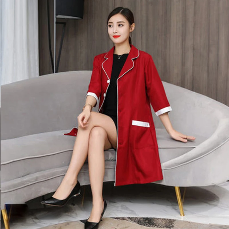 Корейская одежда для косметической хирургии, костюм врача, пальто аптекаря, медицинская униформа для красоты, халаты, лабораторное пальто, больничное женское платье для работы - Цвет: Seven-quarter sleeve