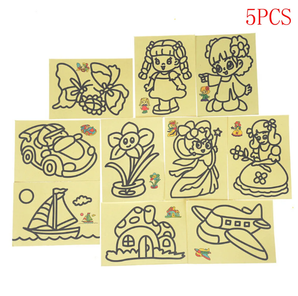 

5Pcs Sand Art Painting Cards Handmade Colored Cartoon Drawing Toys Sand Art Kids Coloring DIY Crafts Learning Sand Painting