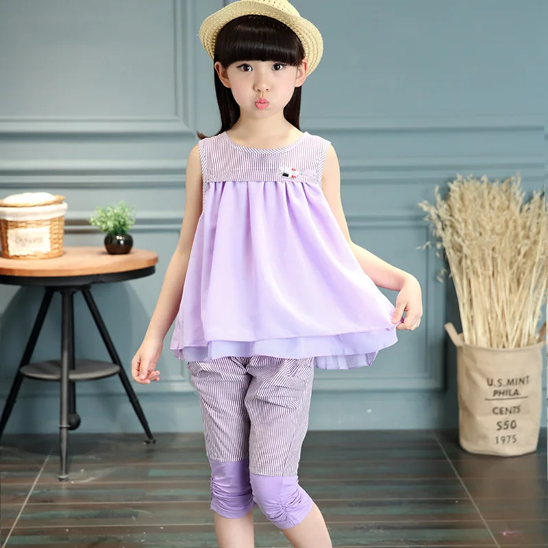 Комплект одежды для девочек, летний модный повседневный комплект одежды без рукавов с круглым вырезом для детей, шифоновый топ в полоску+ штаны для детей возрастом от 3 до 13 лет - Цвет: purple