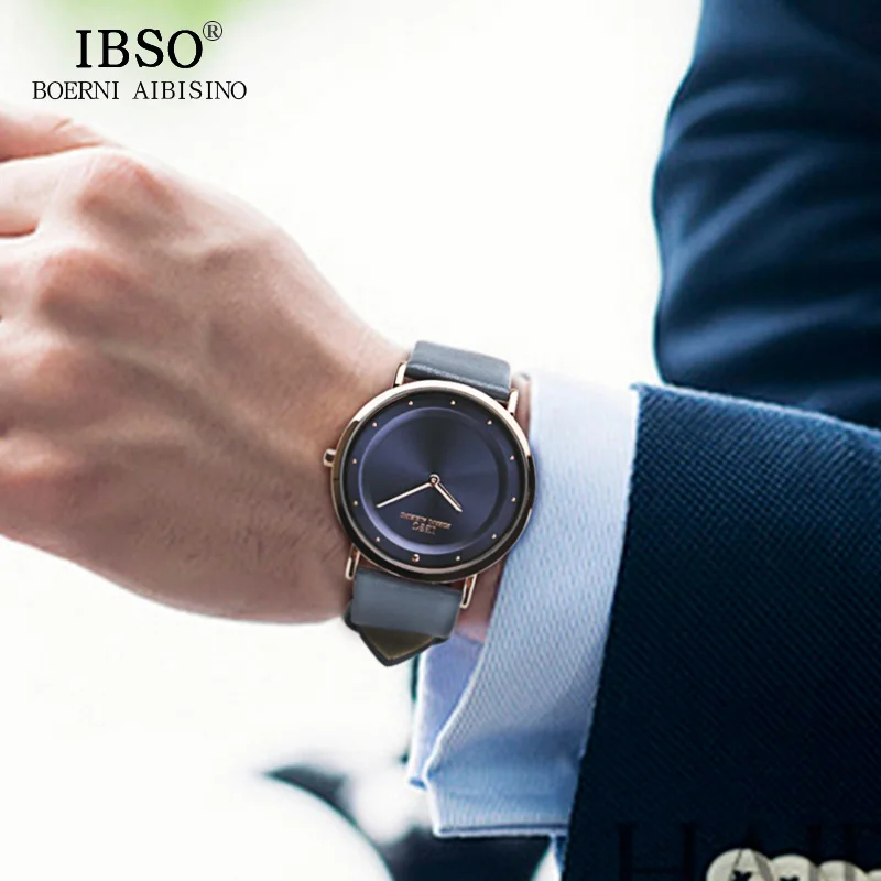 IBSO 7 мм ультра-тонкий модные Кварцевые наручные часы Настоящая кожа ремень Для мужчин Часы Лидирующий бренд Роскошные часы Для мужчин синий водонепроницаемые Relogio Masculino