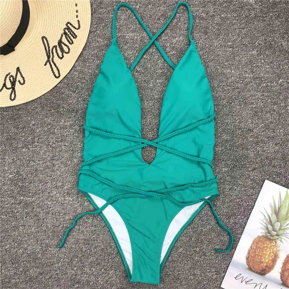 Самодельный купальник с длинными ремешками, Цельный купальник для женщин, женская одежда для плавания, купальный костюм с v-образным вырезом, одежда для плавания, монокини V1064R - Цвет: Зеленый