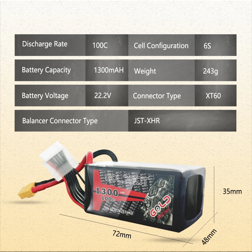 2 шт. GOLDBAT 1300mAh Lipo батарея для fpv 22,2 V 6S батарея lipo для Дронов fpv 100C упаковка с XT60 разъем для Дронов fpv Racing