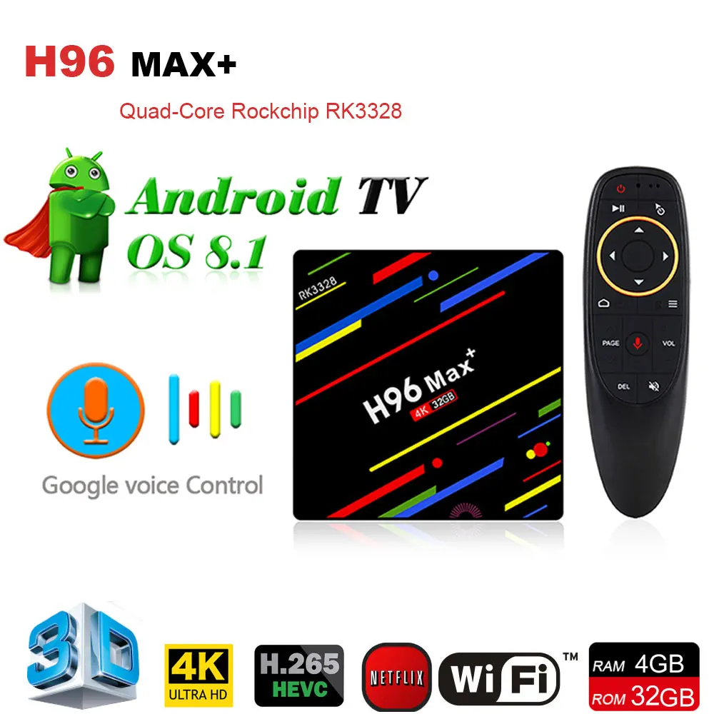 

H96 Max + Plus Smart TV Box RK3328 Quad Core 64bit Mali-450 GPU 4G/32G Android 8.1 2.4GHz Wifi +Voice Remote Control Set Top Box