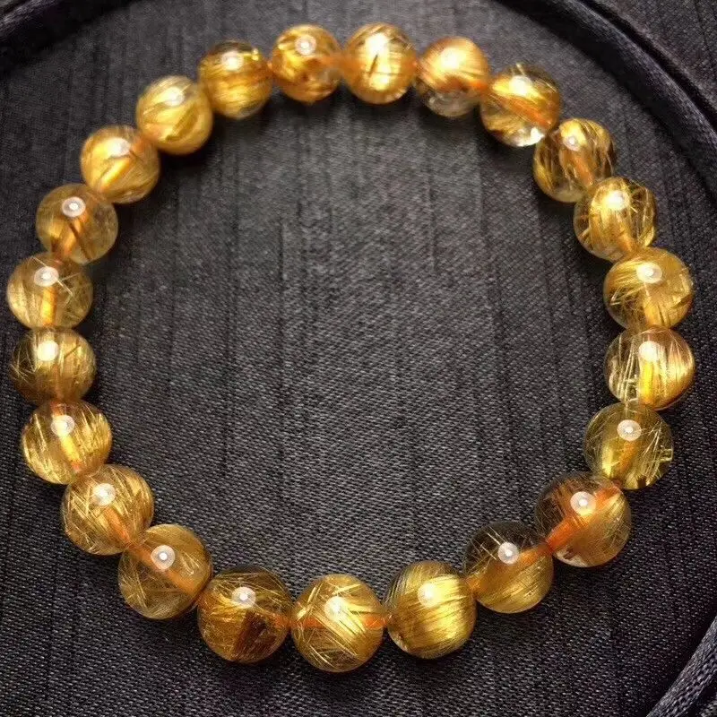 

8mm Natural Gold Rutilated Quartz Titanium Stretch Crystal Beads Bracelet