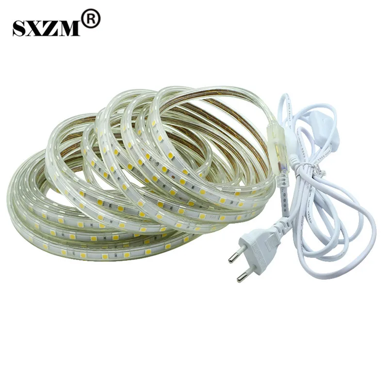 

SXZM 10M AC220V 5050 led strip light ON/OFF switch EU plug Waterproof flexible led tape 60leds/M outdoor kitchen Foyer lighting