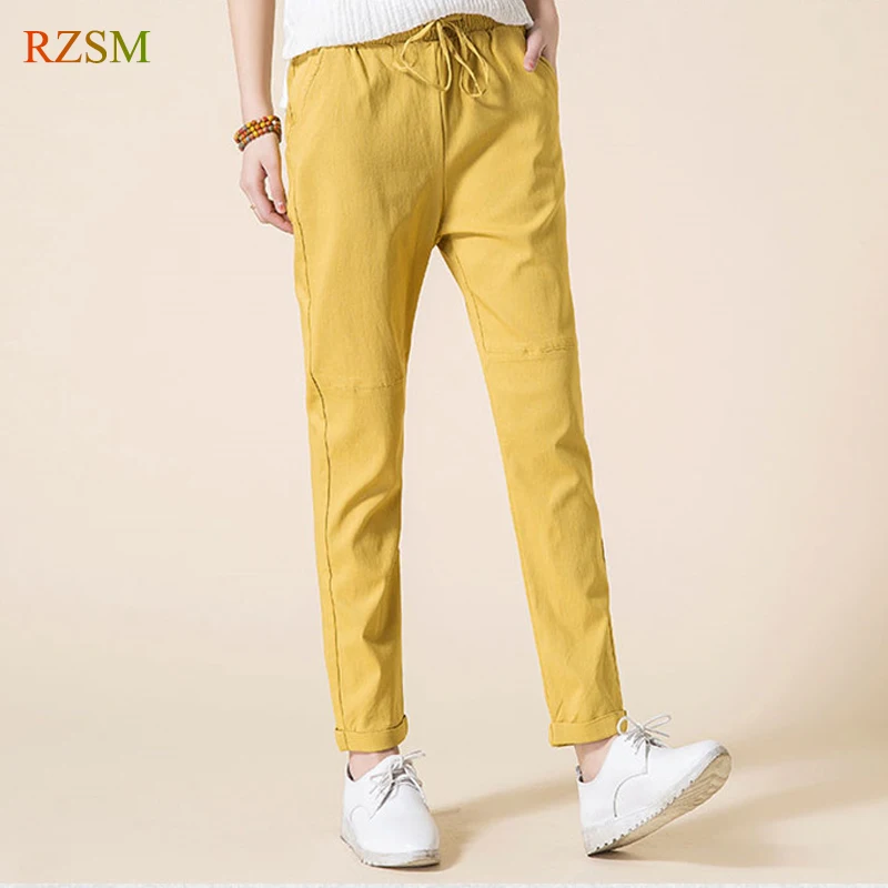 2018 Summer New Women Casual Pants Fashion Cotton Linen Pants Elastic Waist Solid Yellow Harem