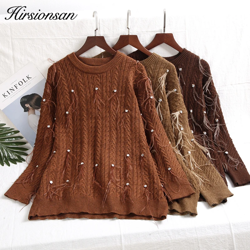 

Hirsionsan Feather Sweater Women 2018 Autumn Winter Pearls Beading Knitted Women Pullovers Casual Thicken Warm Jumper Pull Femme