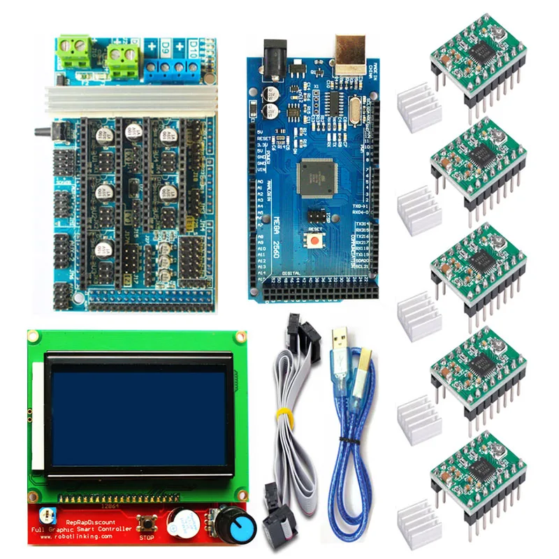 Ramps 1,6 комплекты материнских плат обновление Ramps 1,4 Ramps 1,5+ A4988/DRV8825 Драйвер шагового двигателя+ Mega 2560 R3 Reprap Mendel+ lcd 12864