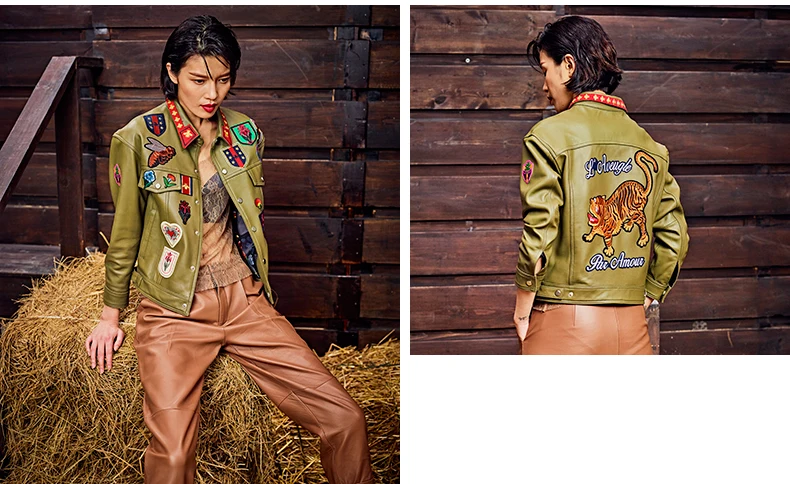Женская куртка из натуральной кожи с вышивкой тигра, новинка года, модная тонкая короткая байкерская куртка
