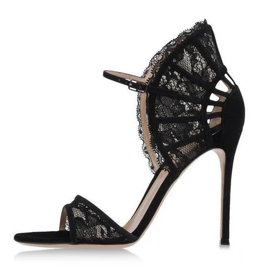 2018 Summer Cut-Out Mesh Fan Shaped Lace Flowers Stiletto Heel Sandals European Style Women Sandals Red Black Wedding Pumps B118 Women's Shoes