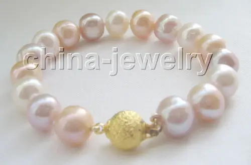 

8" 11-12mm white pink purple round freshwater pearl bracelet @^Noble style Natural Fine jewe SHIPPING 5.25