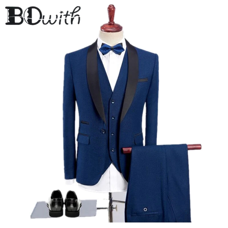 

2019 Newest Blue Men Suits Shawl Collar One Button Slim Fit 3 Pieces Jacket+Vest+Pants For Wedding Tuxedos Formal Suits