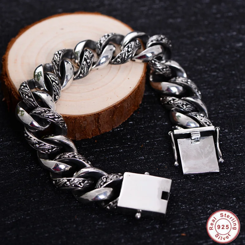 Растительный Тотем подлинный 925 серебряный браслет панк-рок винтажный тяжелый браслет из стерлингового серебра для мужчин Роскошные мужские байкерские ювелирные изделия