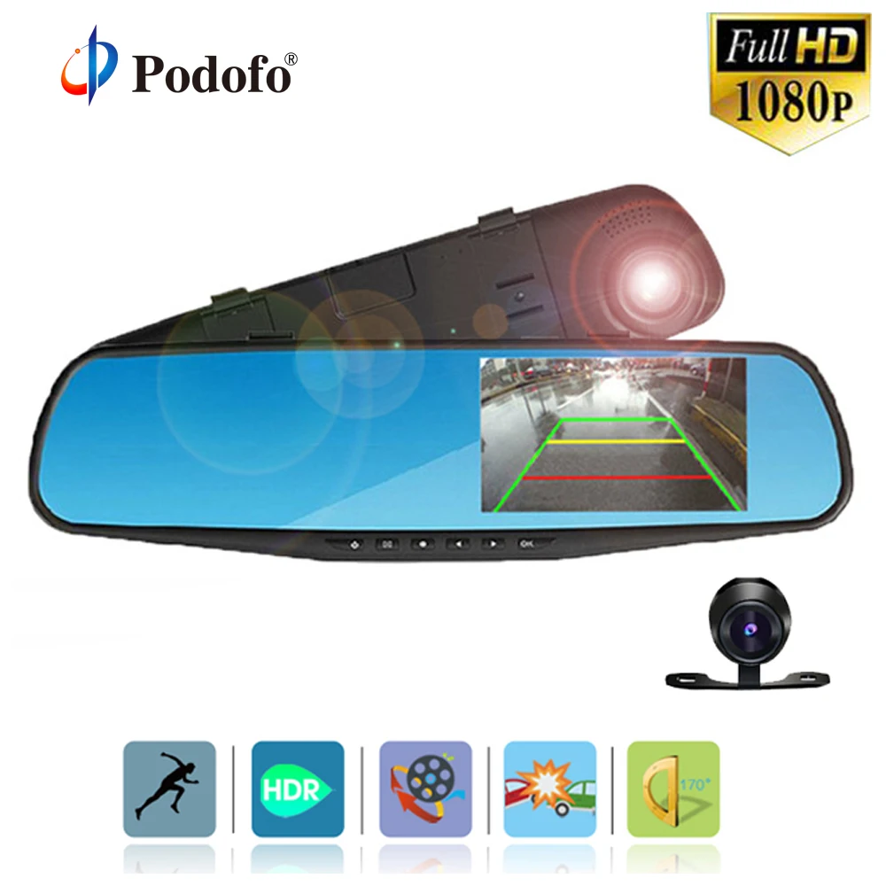 

Podofo 4.3" Dual Lens Car DVR Rear View Mirror FHD 1080P DVRs Registrator Rearview Car Camera Night Vision Dashcam Camcorder