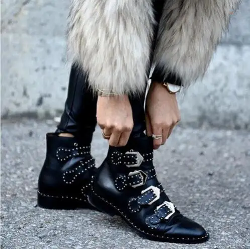 Hot Women Motorcycle boots Rivets Embeded Ankle BF Style boots Slip-On Buckles Punk Booties Women Rock Short Boots