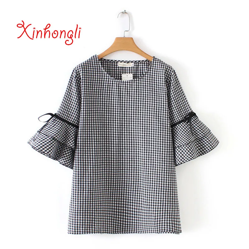 

Plus size Plaid Butterfly sleeve summer women Tshirts 2019 casual ladies O-neck loose T shirts female tops cotton T-shirts