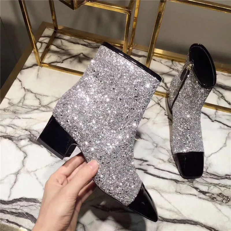 

bling short chelsea boots women black/silver glitter ankle boots square toe winter martin boots women sequined booties s359
