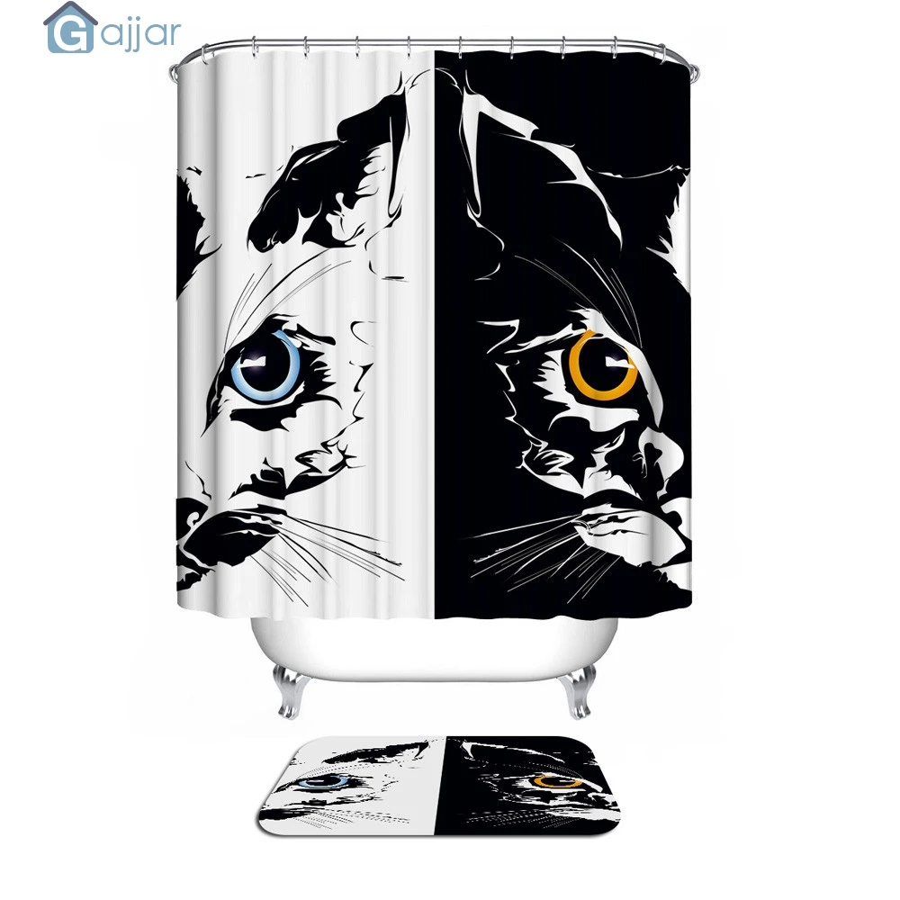 GAJJAR  HOT Sale Fashion Happy Halloween Custom Fabric Waterproof Bathroom  Cartoon Black and white cat Shower Curtain 18Oct24