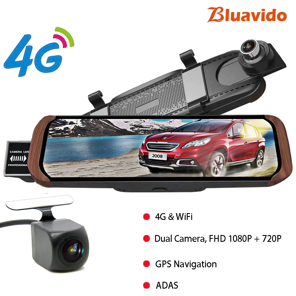 Bluavido 10 дюймов 4G ADAS Android Автомобильное зеркало заднего вида DVR камера gps навигация FHD 1080P видеорегистратор WiFi монитор - Название цвета: 4G with HD rear cam