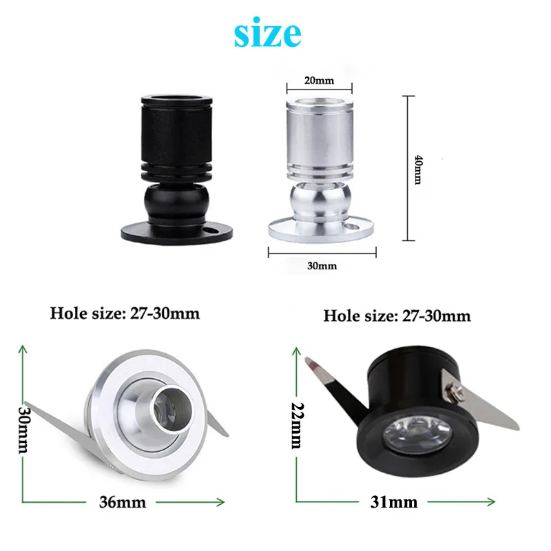 Dimmable LED Spotlights led ceiling Down lights Silver Black 1W 3W Light bulbs for cabinet counter showcase AC110V 220V led downlight led spotlight