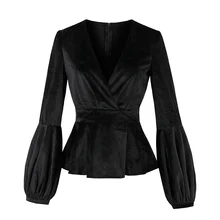 

Rosetic Lantern Sleeve Velvet Fabric V-Neck Sexy Slim Tops Tee 2017 Autumn Women New Gothic Style Shirts