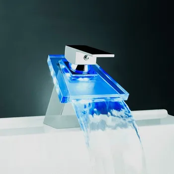 

LED Three Color Dimming Glass Faucet Temperature Control Colors Faucets Copper Glassing Waterfall Hot And Cold Basin Fauceting