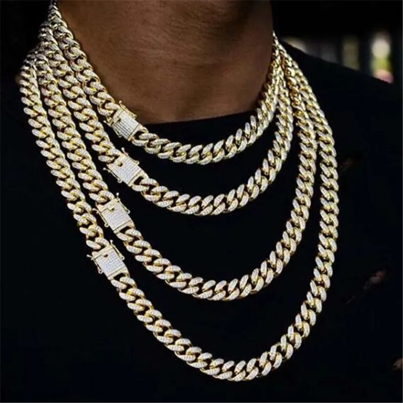 Comprar Hip Hop lleno de diamantes de imitación helado Miami Curb Cuban Chain Necklace 50 75cm longitud oro pavimentado CZ Bling collares para hombres joyería