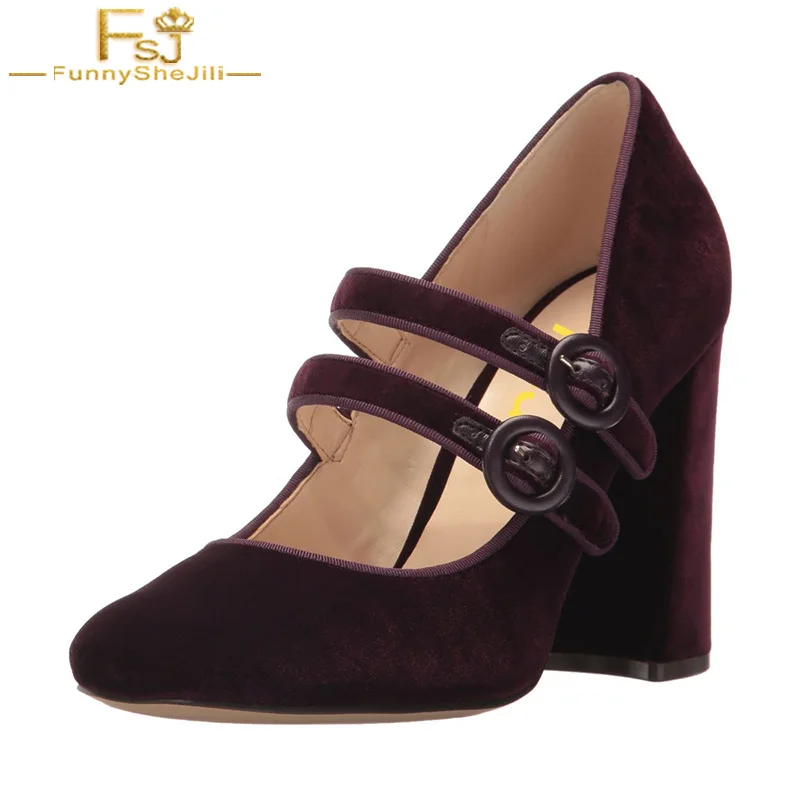 FSJ 2018 Classic Women Autumn Spring Dark Purple Soft Square Toe Mary Janes Pumps Buckle Dress
