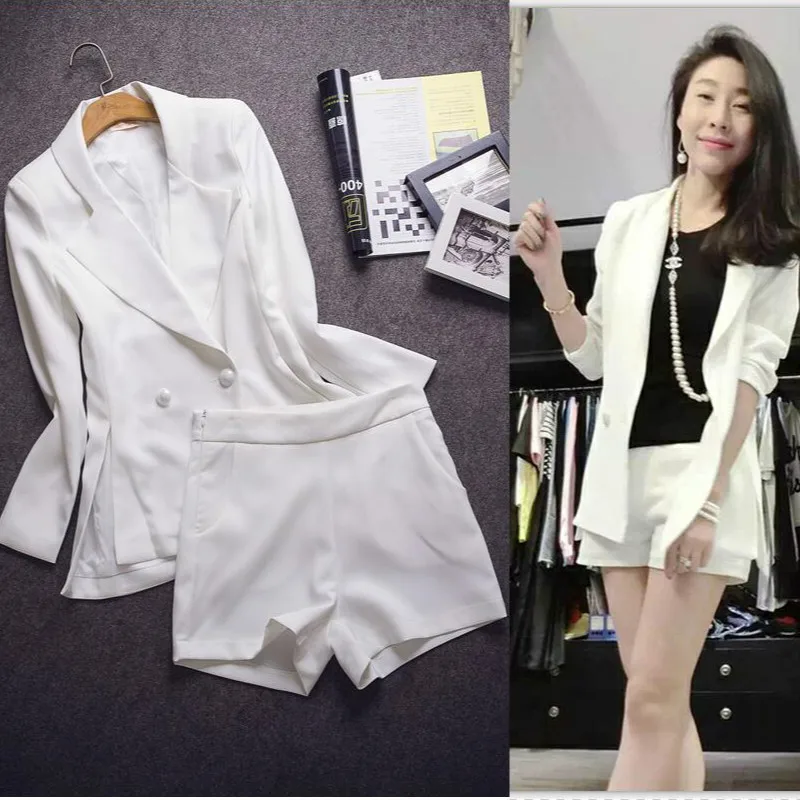 Women Clothes White Suit Shorts Solid Color Female New Korean Slim Slimming Long Sleeve Small Two-piece Set Women Suit