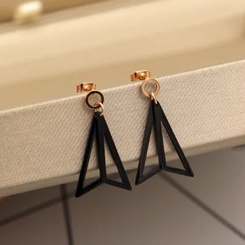 Top Quality 2 Hollow Plated Black Triangle Female Jewelry Drop Earrings For Women Stainless Steel Elegant Gift For Woman Jewelry