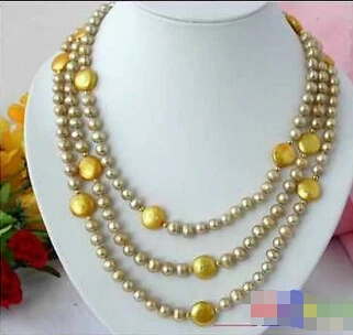 

HOT## Wholesale FREE SHIPPING 60" 14MM GOLD ROUND COIN FRESHWATER PEARL NECKLACE