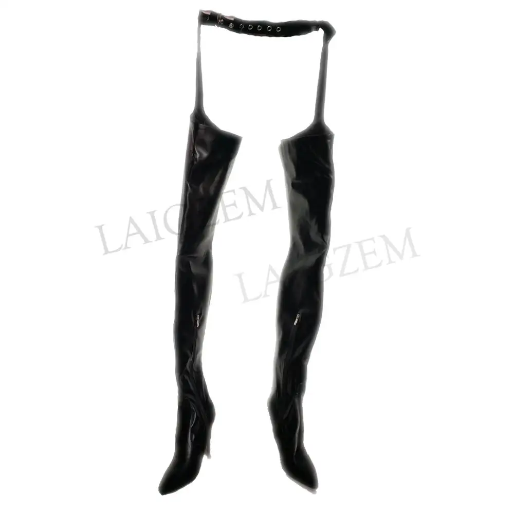 LAIGZEM Women Thigh High Wasit Pants Boots Black Patent Matte Stiletto