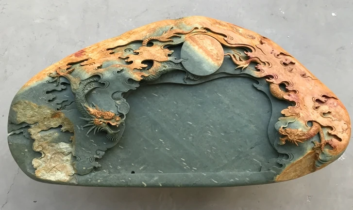 

3style DHL free 84*43*13 CM 30-40kg dragon green stone Ink slab Tea tray hand carved natural stone