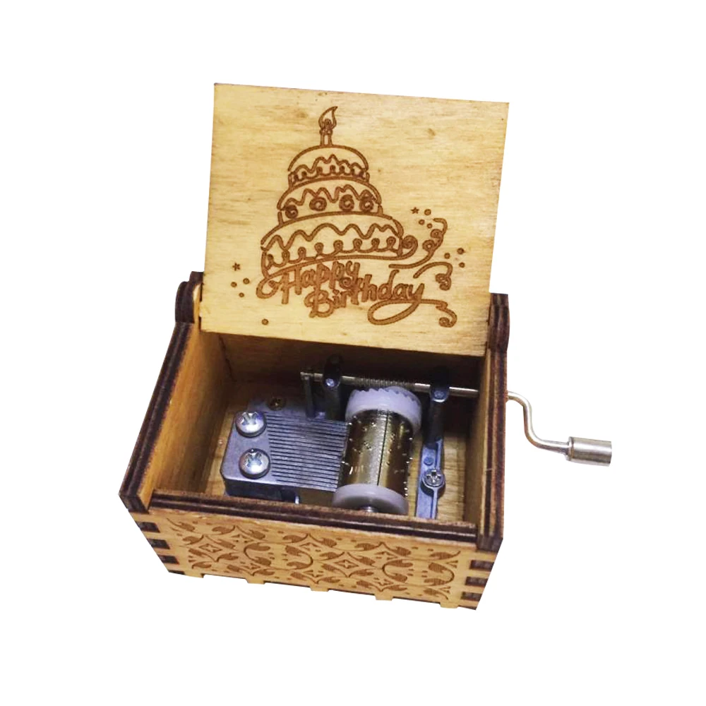Antique Carved Wood Happy Birthday Music box Hand Crank Musical Box for