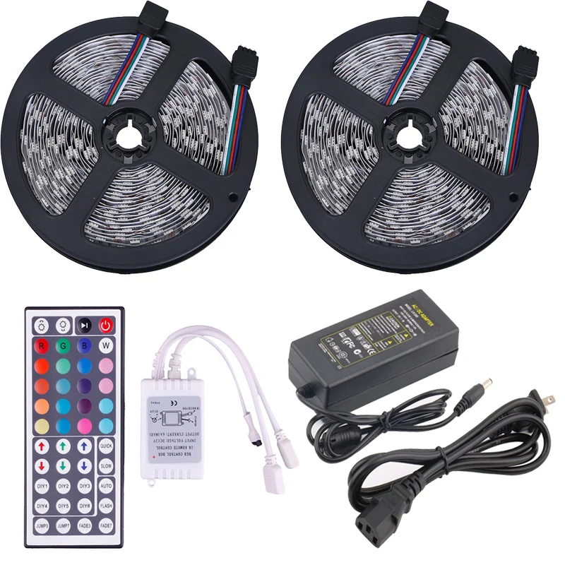 #Best 10M 5050 RGB Waterproof IP20 LED Strip Tape Kit 12V 30LED M With 44 key IR Remote controller 110V 240V US EU Power Adapter